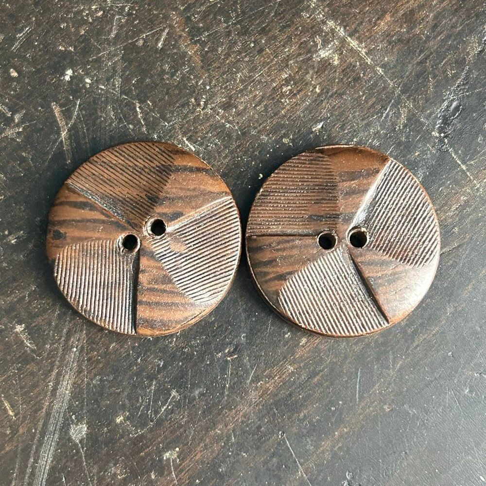 Vintage 2 Carved Wood Geometric Design Buttons 1”